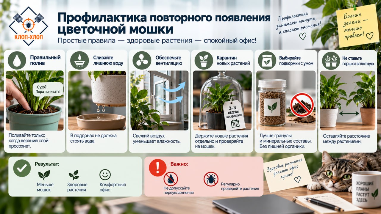 Профилактика повторного появления цветочной мошки: режим полива, вентиляция и карантин новых растений